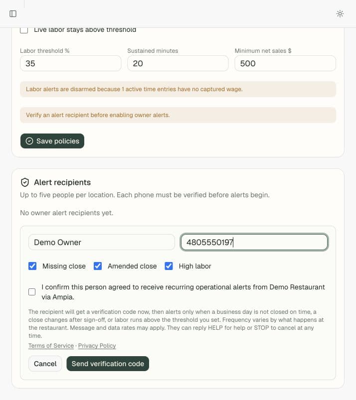 Restaurant alert enrollment: real product consent form with an unchecked checkbox and version 2 disclosure